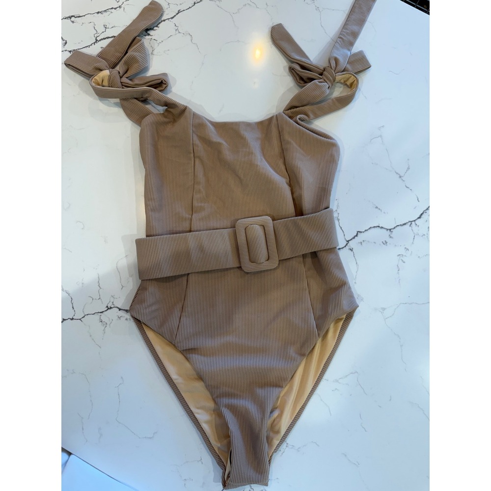 Beach Riot Tan Ribbed Belted One Piece Swimsuit Shoulder Tie XS BR4042C